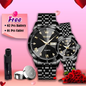 Butter Fly Lock Olievs Stainless Steel fashionable Couple watches +1pcs chain cutter+ 2 pcs battery Full Black