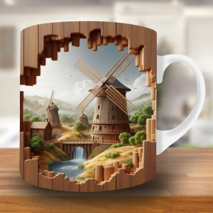 Scenic Windmill Mug – Premium Ceramic Coffee Mug with 3D Rural Landscape Wraparound Design, Microwave & Dishwasher Safe