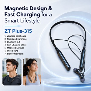 ZT Plus-315 Wireless Neckband Bluetooth Earphone – Bluetooth 5.3 Headset with 35H Battery Life, 2.5H Fast Charging, Magnetic Control & Flexible Anti-Pull Nylon Wire