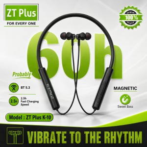 ZT Plus K-10 Wireless Bluetooth Neckband Earphone – Bluetooth 5.3 Headset with 60H Battery Life, Sweet Bass, 2.5H Fast Charging & Magnetic Earbuds
