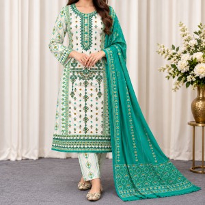 Premium Off-White and Sea-Green Cotton Three-Piece Set