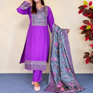 Elegant Mustard Yellow & Slate Blue Printed Unstitched Cotton Three-Piece Set