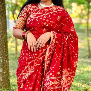 Premium Deep Red and Golden Zari Block-Print Cotton Saree