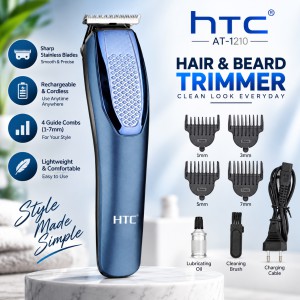 HTC AT-1210 Rechargeable Cordless Beard & Hair Trimmer (Blue) – Dual Battery Support, 4 Clipper Attachments & 45-Min Runtime Grooming Kit