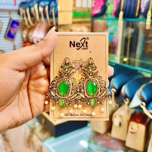 Antique Metal Emerald Green Stone and Pearl Drop Earrings