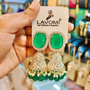 Premium Emerald Green Stone & Kundan Jhumka Earrings