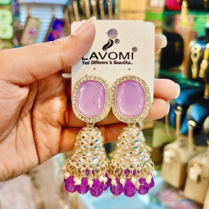 Premium Lavender & Purple Stone Kundan Jhumka Earrings (Lavender & Purple Kundan Jhumka Earrings)