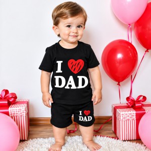 Cute 'I ❤️️ DAD' Printed Solid Black Boys' Summer Two-Piece Set (T-Shirt & Shorts Set)