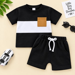 Modern Black and White Color-Block Boys' Summer Two-Piece Set with Brown Pocket (T-Shirt & Shorts Set)