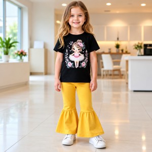 Cute Ballet Dancer with Floral Art and Yellow Ruffle Bell-Bottom Two-Piece Set (T-Shirt & Mustard Yellow Ruffle Bell-Bottom Pants Set)