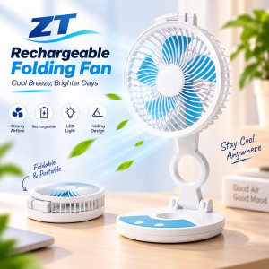ZT Rechargeable Folding Desktop Fan with Integrated LED Light – Portable Foldable Pocket Cooling Fan with Adjustable Speed, USB Charging & Silent Operation