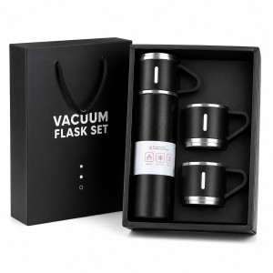 3-Piece Stainless Steel Vacuum Flask Set – 500ml Double-Wall Insulated Thermos Bottle with Cups for Hot & Cold Drinks, Travel & Gifting