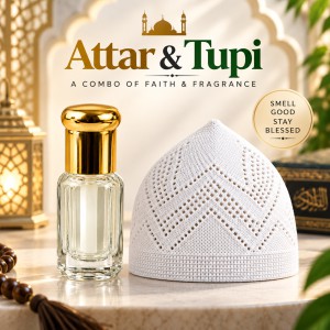 Premium Islamic Prayer Combo – 1 Pcs Soft Turkish Iqra Tupi & 1 Pcs Long-Lasting Alcohol-Free Roll-On Attar Set for Men (Daily Sunnah & Gift Package)