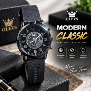 Olevs Men’s Skeleton Dial Sports Wristwatch – Bold Dark Metallic Luxury Timepiece with Perforated Black Silicone Strap, Chronograph-Style Push Buttons & Premium Casual Design