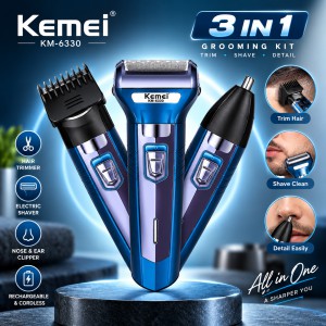 Kemei KM-6330 3-in-1 Rechargeable Hair Trimmer, Electric Shaver & Nose Clipper Grooming Kit – Universal Voltage, 60-Min Runtime & 4 Guide Combs