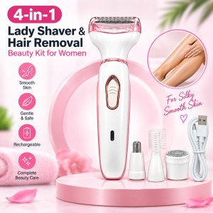 4-in-1 Rechargeable Lady Shaver & Hair Removal Beauty Kit – Painless Electric Razor, Eyebrow, Nose & Body Hair Trimmer with USB Charging & Portable Rose Gold Design